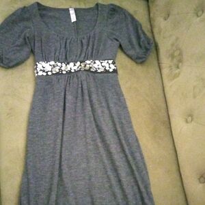Gray Short-Sleeve Empire Waist Dress with Sequin Band